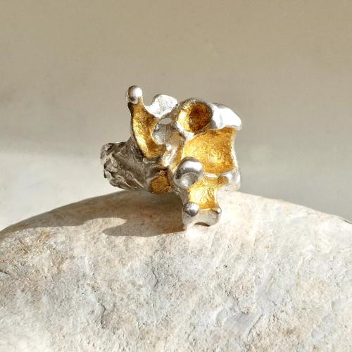 Golden Sierras - Zilveren organische ring met goud