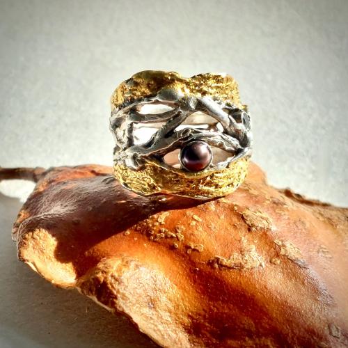 Laurssilva Velho - Moderne organische zilveren ring met goud