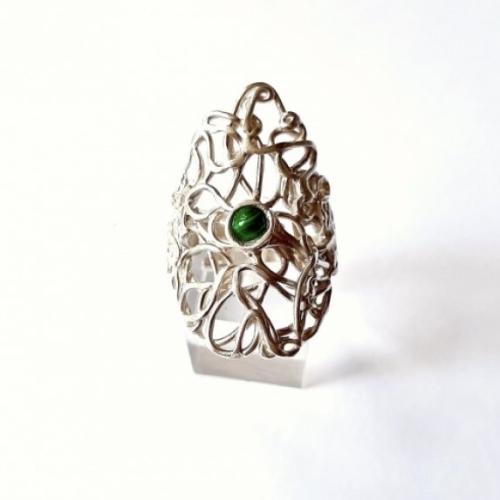 Malachite - Zilveren filigrain ring met Malachiet
