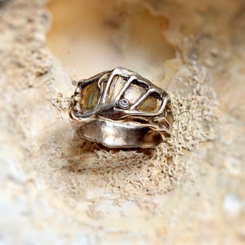 Rustico - Zilveren artistieke ring met goud en diamant