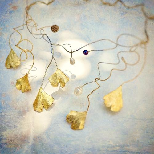 Collier Ginkgo - Grande luxe statement collier met parels en filigraint